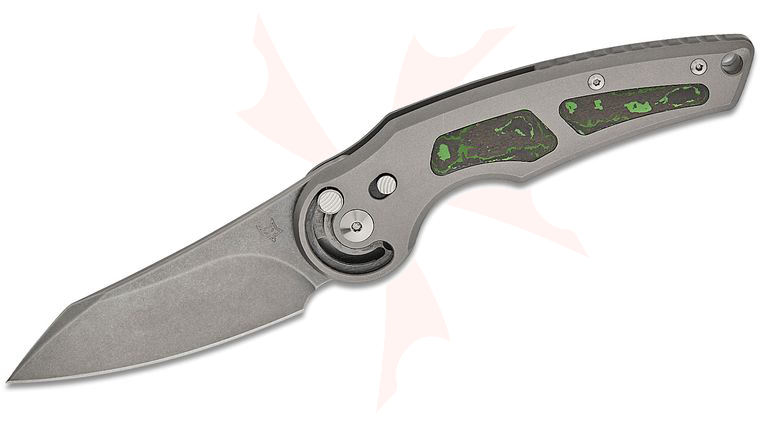 Fox FX-555 TICF Denis Simonutti Jupiter Radius Button Lock Folding Knife 3.07 inch M390 Stonewashed Modified Wharncliffe Blade, Bead Blasted Titanium Handles with Jungle Wear FatCarbon Inlays, Leather Sheath