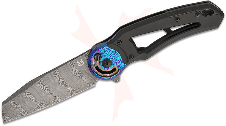 Fox FX-556 A1 Metamorphosis Radius Button Lock Flipper Knife 3.31 inch Super Dense Twist Damasteel Sheepsfoot Blade, Black PVD Titanium Handles with Timascus Bolsters