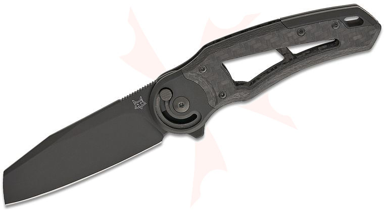 Fox FX-556 A4 Metamorphosis Radius Button Lock Flipper Knife 3.31 inch M390 Black Sheepsfoot Blade, Skeletonized 3K Carbon Fiber Handles with Black Titanium Bolsters