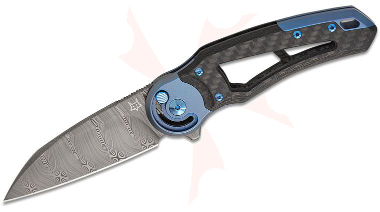 Fox FX-556 B1 Metamorphosis Radius Button Lock Flipper Knife 3.31 inch Super Dense Twist Damasteel Wharncliffe Blade, Carbon Fiber Handles with Blue Titanium Bolsters