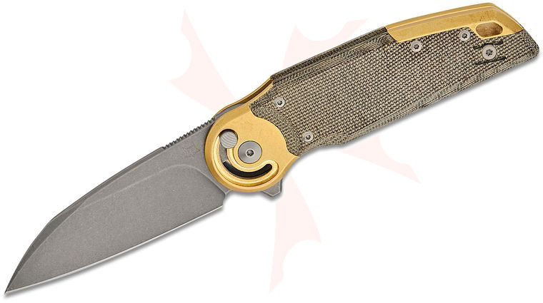 Fox FX-556 B4 Metamorphosis Radius Button Lock Flipper Knife 3.31 inch M390 Stonewashed Wharncliffe Blade, Green Canvas Micarta Handles with Brass Bolsters