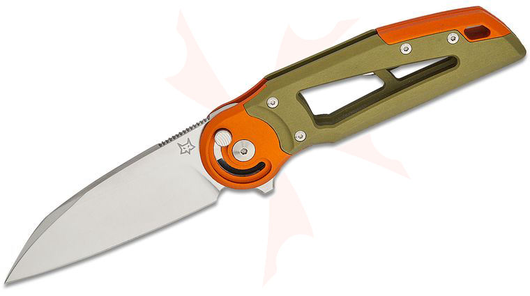 Fox FX-556 B5 Metamorphosis Radius Button Lock Flipper Knife 3.31 inch M390 Stonewashed Wharncliffe Blade, Green Aluminum Handles with Orange Aluminum Bolsters