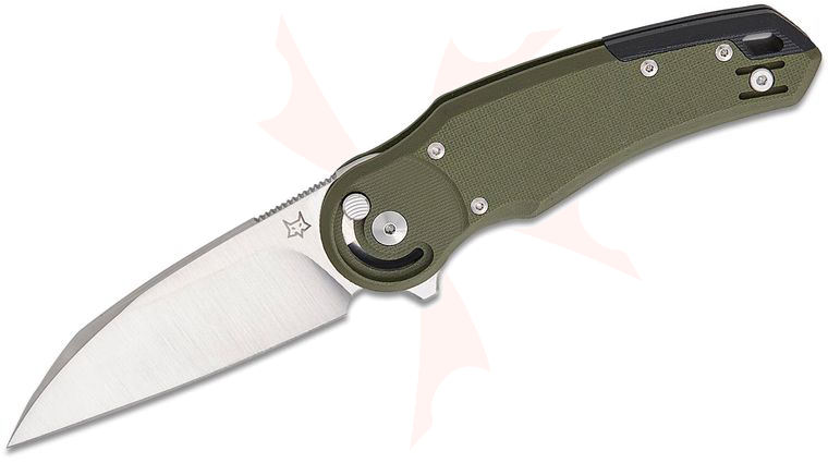 Fox FX-556 G10OD Metamorphosis Radius Button Lock Flipper Knife 3.31 inch M390 Satin Wharncliffe Blade, OD Green G10 Handles with Black Backspacer