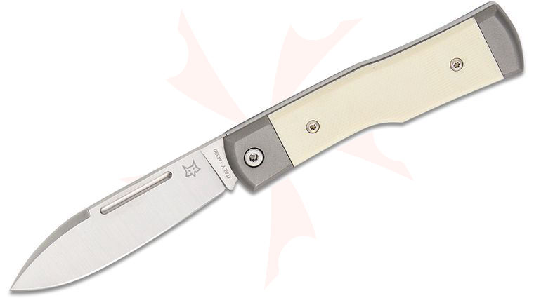 Fox FX-558 BO Gunstock Folding Knife 2.76 inch M390 Satin Plain Blade, Bone White G10 and Titanium Handles