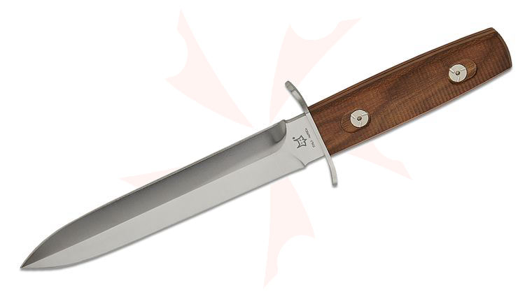 Fox FX-595 WAF Arditi Fixed Blade Knife 6.88 inch N690 Satin Double Edge Dagger Blade, Ziricote Wood Handles, Leather Sheath