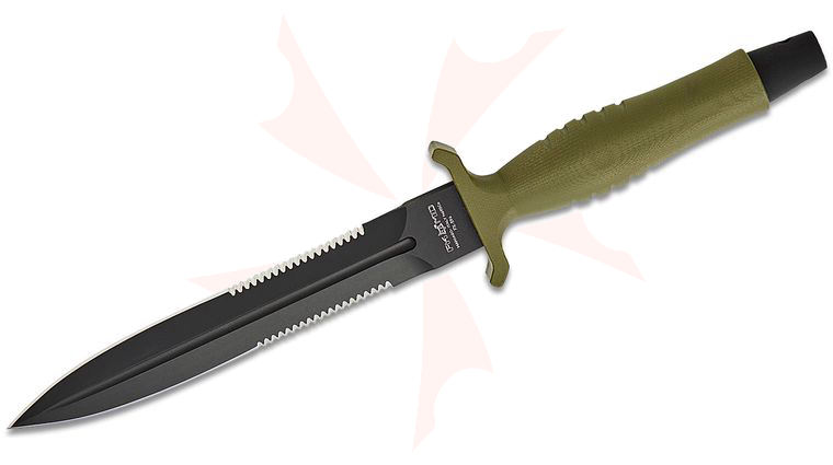 Fox FX-596 G10 OD AF Veleno Fixed Blade Knife 6.73 inch N690 Black Double Edge Combo Dagger Blade, OD Green G10 Handles, Kydex Sheath