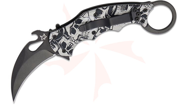Fox FX-599 Liner Lock Folding Karambit 2.56 inch N690Co Black Plain Blade,  inchThe End inch Engraved Aluminum Handles