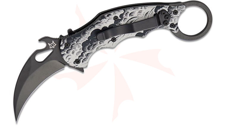 Fox FX-599 Liner Lock Folding Karambit 2.56 inch N690Co Black Plain Blade,  inchThe Storm inch Engraved Aluminum Handles