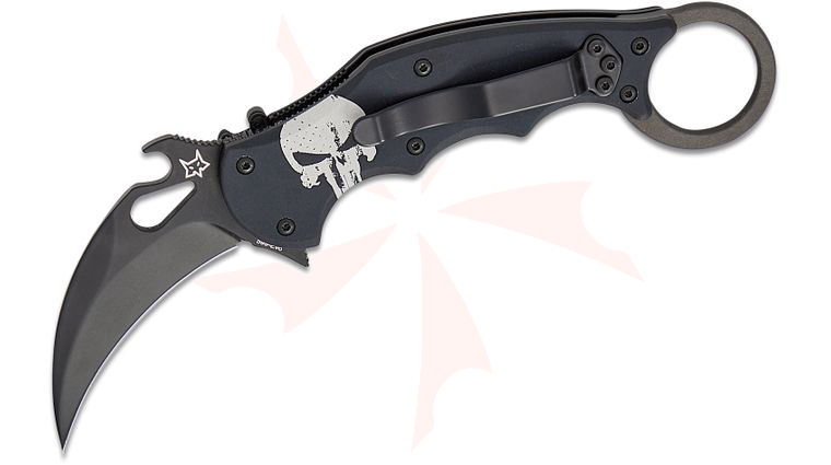 Fox FX-599 Liner Lock Folding Karambit 2.56 inch N690Co Black Plain Blade,  inchSkull inch Engraved Aluminum Handles