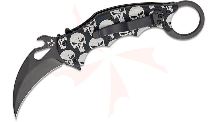 Fox FX-599 Liner Lock Folding Karambit 2.56 inch N690Co Black Plain Blade,  inchSkull Pattern inch Engraved Aluminum Handles