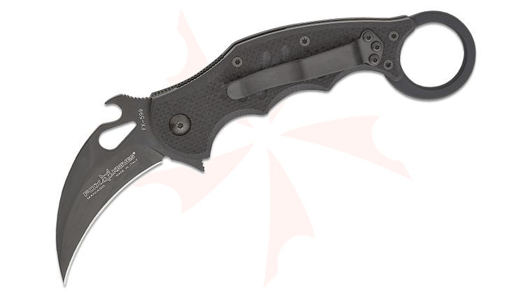 Fox FX-599 Liner Lock Folding Karambit 2.56 inch N690Co Black Plain Blade, Black G10 Handles