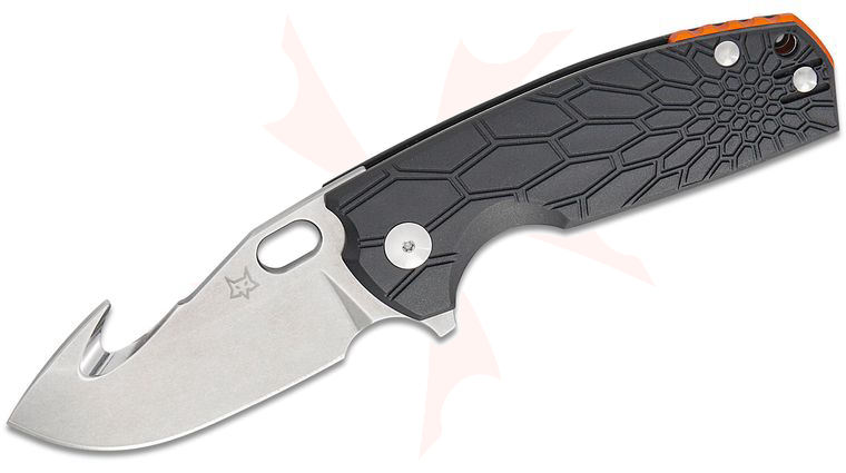 Fox FX-624 B Jesper Voxnaes Core Hunter Flipper Knife 3.15 inch Becut Stonewashed Guthook Blade, Black FRN Handles with Orange Aluminum Spacer, Kydex Sheath