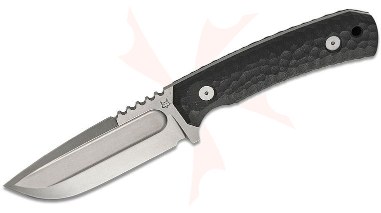 Fox FKMD FX-628 G10B Monteserra Fixed Blade Knife 4.33 inch Niolox Stonewashed Drop Point, Black Milled G10 Handles, Kydex Sheath