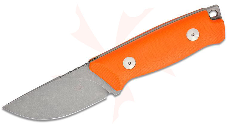 Fox FX-664 OR Rifle Series Muzzle Fixed Blade Knife 3.15 inch Becut Acid Stonewashed Drop Point, Orange G10 Handles, Leather Sheath