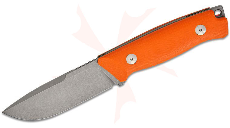Fox FX-661 OR Rifle Series Windage Fixed Blade Knife 4.21 inch Becut Acid Stonewashed Clip Point, Orange G10 Handles, Leather Sheath