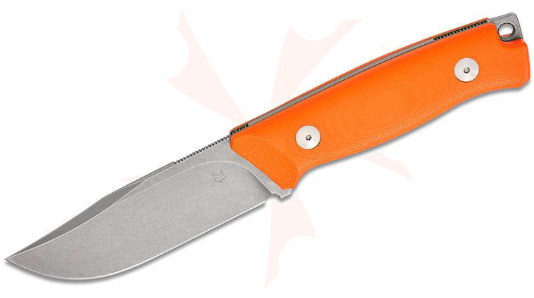 Fox FX-662 OR Rifle Series Receiver Fixed Blade Knife 4.21 inch Becut Acid Stonewashed Clip Point, Orange G10 Handles, Leather Sheath