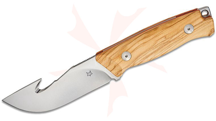 Fox FX-663 OL Rifle Series Ejector Fixed Blade Knife 4.37 inch Becut Satin Guthook Blade, Olive Wood Handles, Leather Sheath