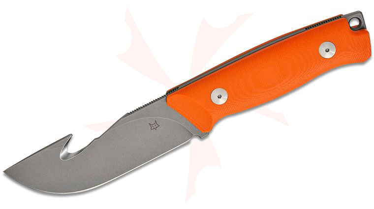 Fox FX-663 OR Rifle Series Ejector Fixed Blade Knife 4.37 inch Becut Acid Stonewashed Guthook Blade, Orange G10 Handles, Leather Sheath