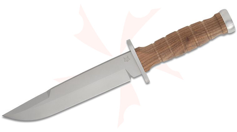 Fox FX-689 Defender Fixed Blade Knife 7.38 N690Co Bead Blasted Clip Point Blade, Walnut Wood Handles, Leather Sheath