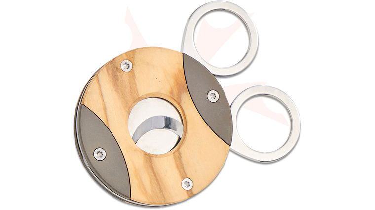 Fox Knives 744 OL The Circle Cigar Cutter, 12C27 Satin Blade, Bronze Titanium Body with Olive Wood Insert, Leather Case