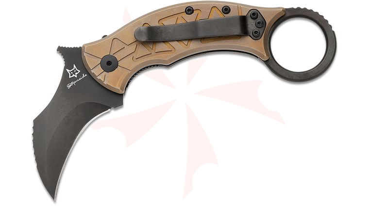 Fox FX-802 TiPVD Doug Marcaida Tribal K Liner Lock Folding Karambit 3.03 inch M390 Black PVD Plain Blade, Bronze Titanium Handles