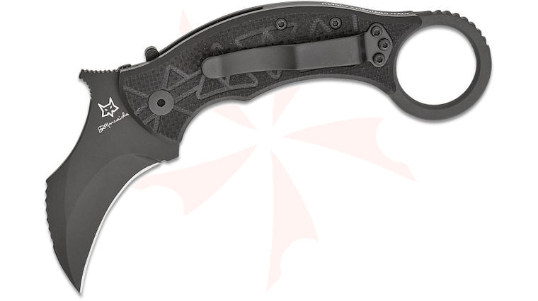 Fox FX-802 Doug Marcaida Tribal K Liner Lock Folding Karambit 3.03 inch N690 Black PVD Plain Blade, Black G10 Handles