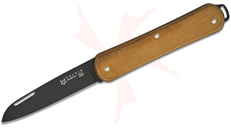 Fox Knives FX-VP130 OTB Vulpis Slipjoint Folding Knife 2.17 inch M390 Black PVD Wharncliffe Blade, Brass Handles