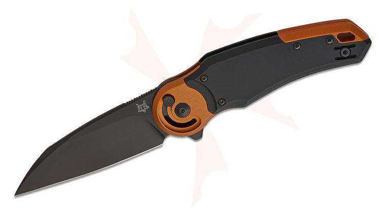Fox FX-556 B6 Metamorphosis Radius Button Lock Flipper Knife 3.31 inch M390 Black PVD Wharncliffe Blade, Black Aluminum Handles with Orange Aluminum Bolsters