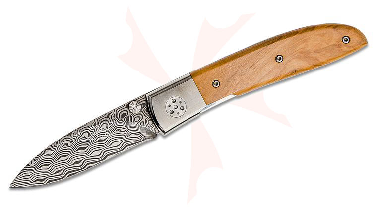 Fox 273 DOL Elite Damascus Folding Knife 3.15 inch Super Dense Twist Damasteel Blade, Olive Wood Handles with Stainless Steel Bolsters