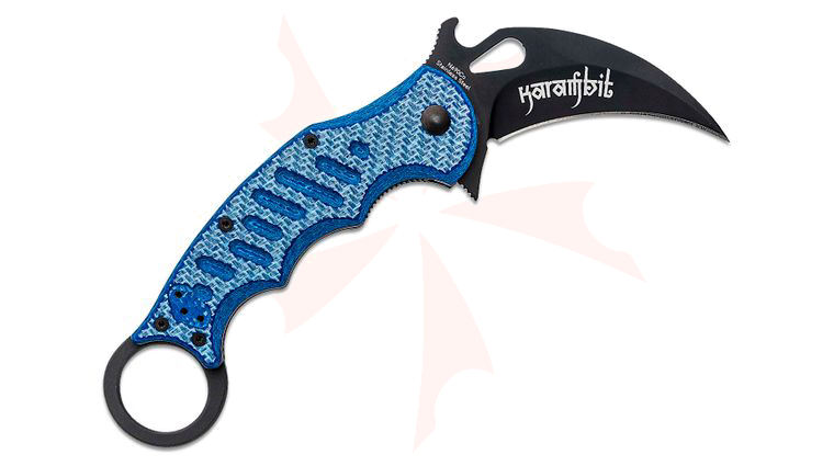 Fox 479 Folding Karambit Flipper 3.2 inch Black N690Co Plain Blade, Blue Twill Carbon Fiber Handles