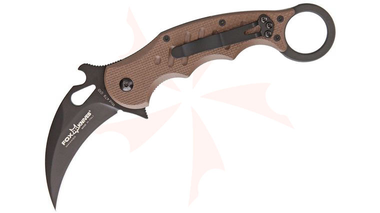 Fox 479E Folding Karambit Flipper 3.2 inch Black N690Co Plain Blade, Dark Earth G10 Handles