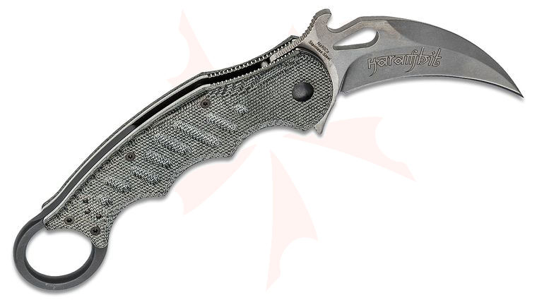 Fox 479MIBSW Folding Karambit Flipper Knife 3.2 inch Stonewashed N690Co Plain Blade, Black Micarta Handles