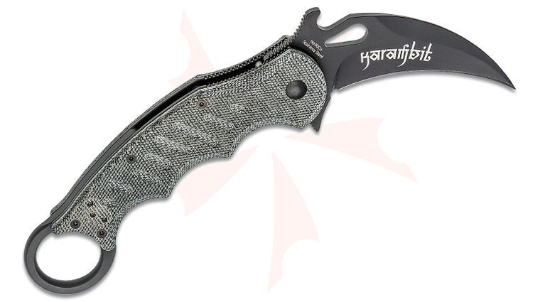 Fox 479MIB Folding Karambit Flipper Knife 3.2 inch Black N690Co Plain Blade, Black Micarta Handles
