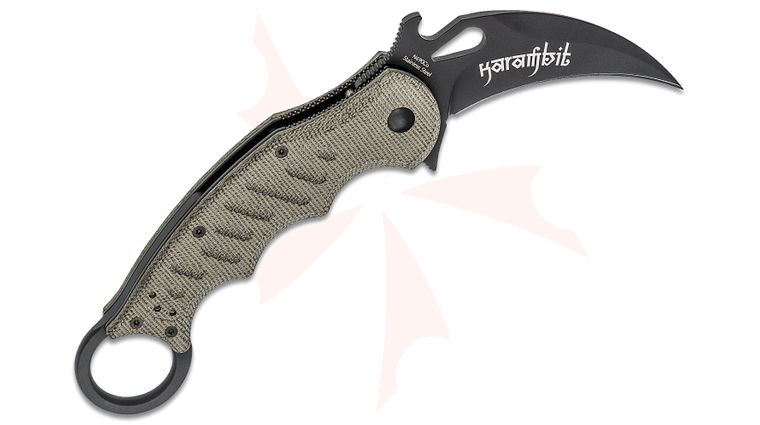 Fox 479MI Folding Karambit Flipper Knife 3.2 inch Black N690Co Plain Blade, Green Micarta Handles