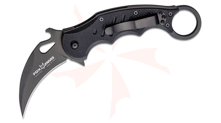 Fox 479 Folding Karambit Flipper 3.2 inch Black N690Co Plain Blade, Black G10 Handles