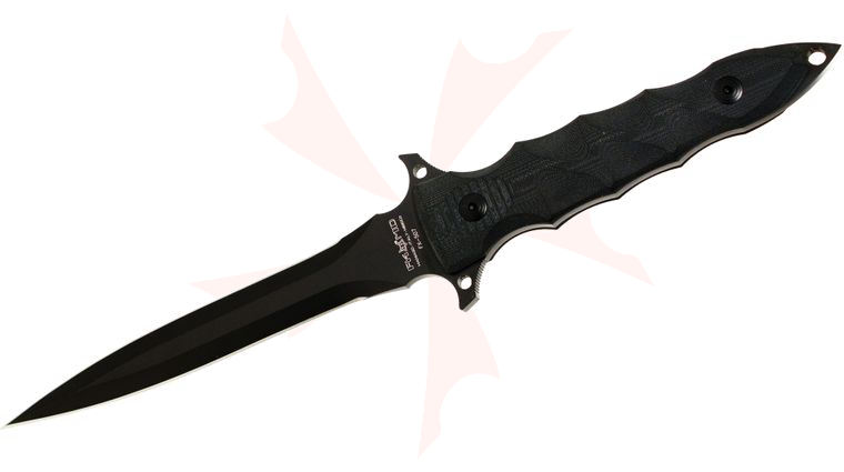 Fox 507 Modras Dagger Fixed 7 inch Black N690Co Single Edge Dagger Blade, G10 Handle, Leather Sheath