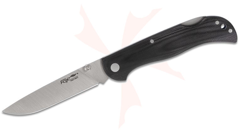 Fox 500 B Lockback Folding Knife 3.34 inch Satin Plain Blade, Black G10 Handles, Black Leather Sheath