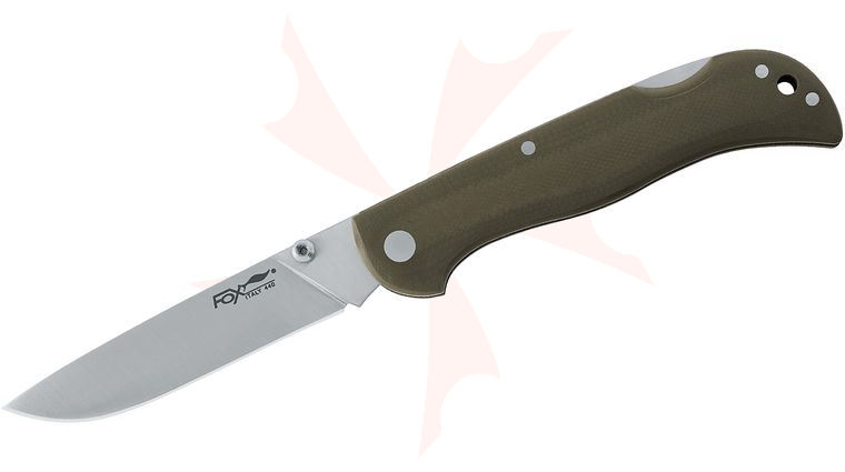 Fox 500 G Lockback Folding Knife 3.34 inch Satin Plain Blade, Green G10 Handles, Black Leather Sheath