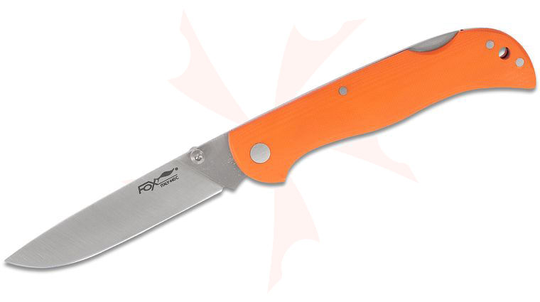 Fox 500 O Lockback Folding Knife 3.34 inch Satin Plain Blade, Orange  G10 Handles, Black Leather Sheath