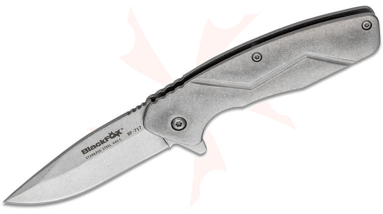 Fox BlackFox BF-717 Steelix Flipper Knife 2.68 inch Stonewashed Drop Point Blade, Stainless Steel Handles