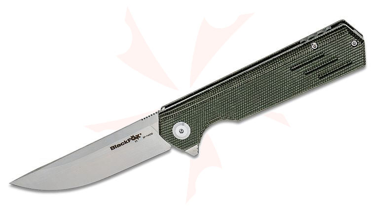 Fox BlackFox BF-740 OD Revolver Flipper Knife 3.625 inch D2 Satin Plain Blade, OD Green Micarta Handles