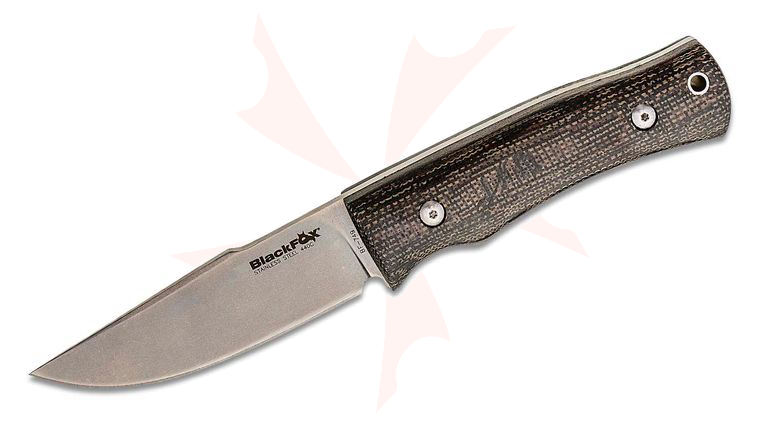 Fox BlackFox BF-749 Explorator Fixed Blade Knife 3.94 inch Stonewashed Harpoon, Brown Linen Micarta Handles, Kydex Sheath
