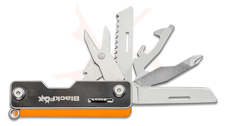 Fox BlackFox BF-205 OR Pocket Boss Multi-Tool, 2.95 inch Closed, Black Aluminum Handles with Orange Insert, Nylon Pouch