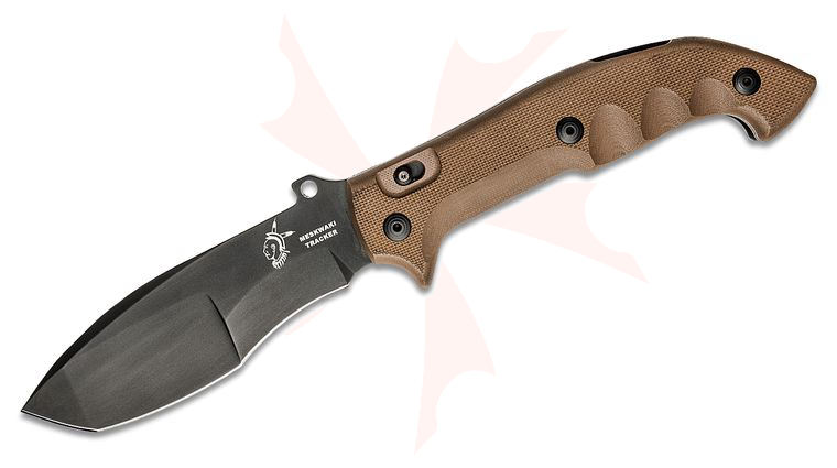Fox FX-501 FKMD Meskwaki Tracker Folding Knife 5.43 inch N690Co Black PVD Recurve Tanto Blade, Brown G10 Handles with Secondary Lock, Nylon Sheath