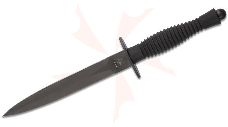 Fox FX-592 Fairbairn Sykes Fighting Knife 6.69 inch Black PVD N690Co Single Edge Dagger Blade, Black Aluminum Handle, Leather Sheath