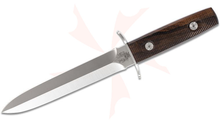 Fox FX-595 W Arditi Fixed Blade Knife 6.88 inch N690 Satin Single Edge Dagger Blade, Ziricote Wood Handles, Leather Sheath