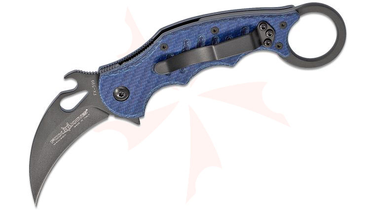 Fox 599BLT Folding Karambit Flipper Knife 2.55 inch Black N690Co Plain Blade, Blue Twill G10 Handles