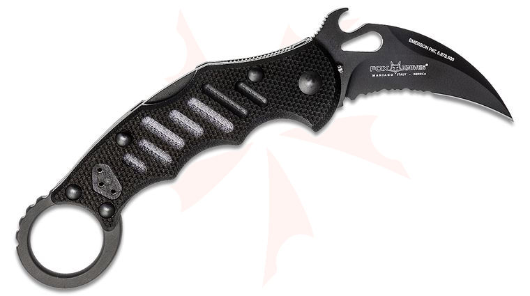 Fox FX-599 XTS Folding Karambit XTS 2.56 inch N690 Black Combo Blade, Black G10 Handles