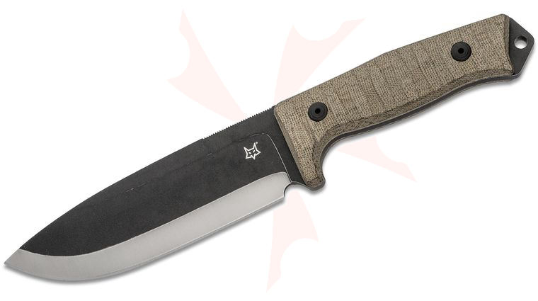 Fox FX-609 OD Bushman Fixed Blade Knife 6.25 inch D2 Two-Tone Gray/Satin, Brown Micarta Handles, Black Leather Sheath