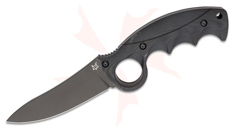Fox Russ Kommer FX-621 B Alaskan Hunter Fixed Blade Knife 4.29 inch Black Becut Drop Point, Black Milled G10 Handles with Finger Ring